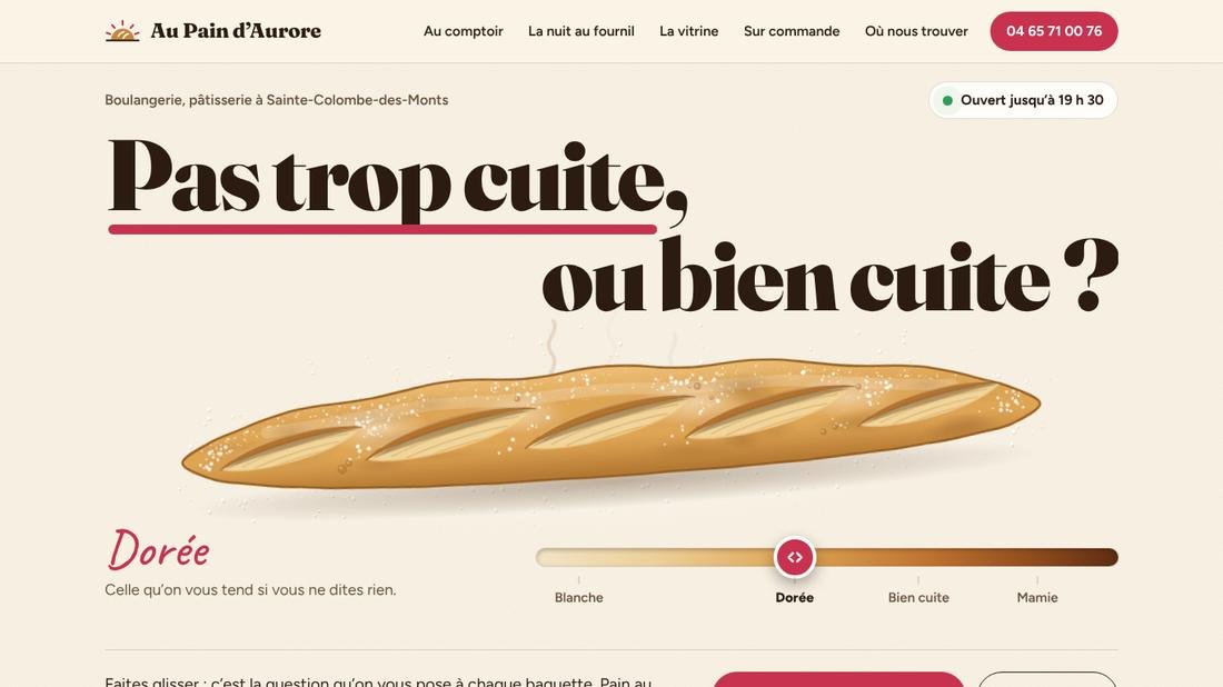 L’ouverture d’un site de boulangerie : une grande baguette et un curseur de cuisson, sous le titre « Pas trop cuite, ou bien cuite ? »